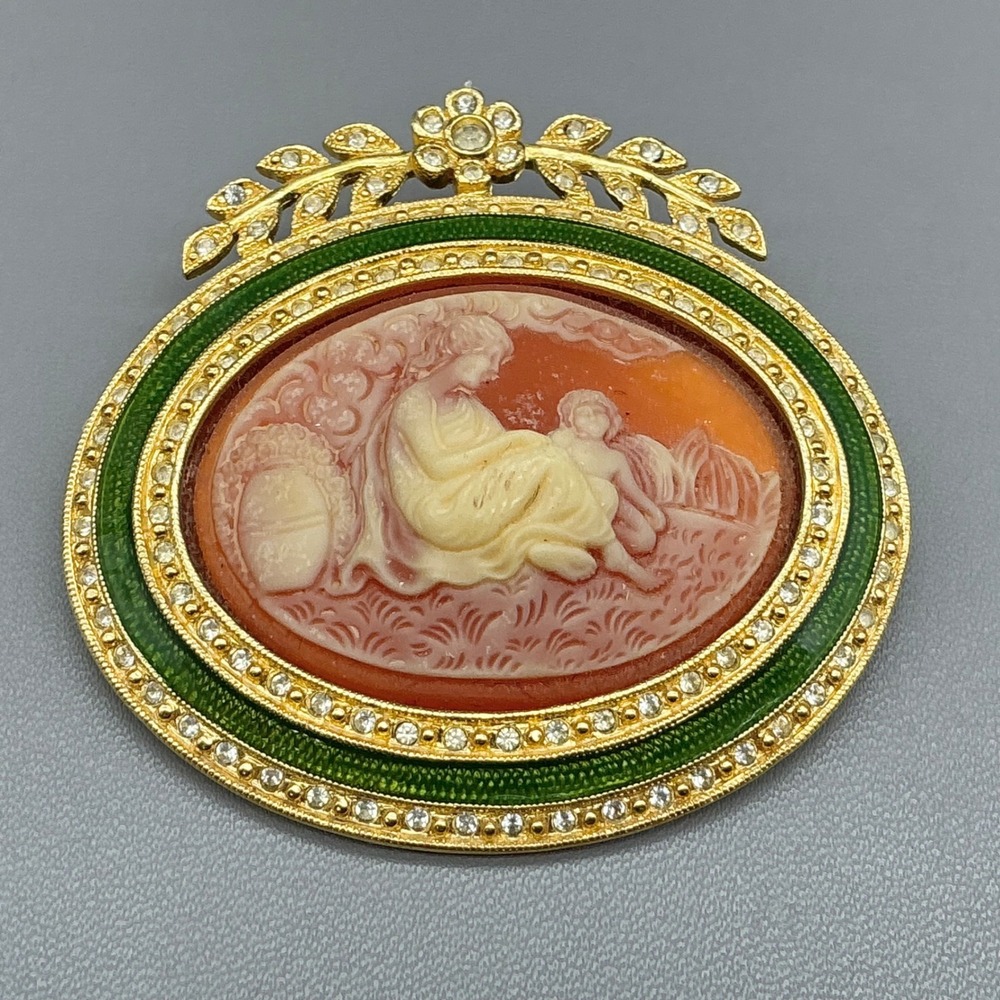 Joan Rivers Brooch Vintage Mother Child Cameo Green Enamel Rhinestone Gold Tone
